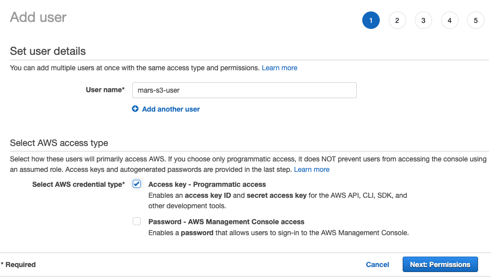 Configuration du nom d’utilisateur et du type d’accès pour l’utilisateur IAM
