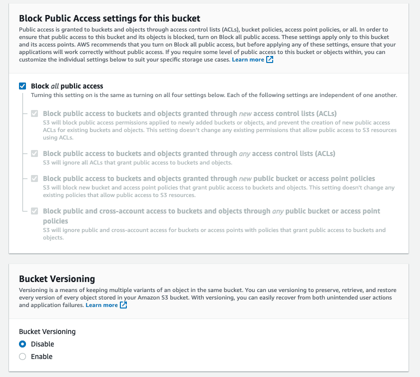Configuration des paramètres du bucket S3 avec l’accès public bloqué