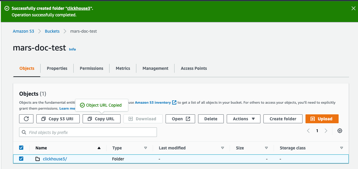 Copie de l’URL du dossier S3 pour configurer ClickHouse