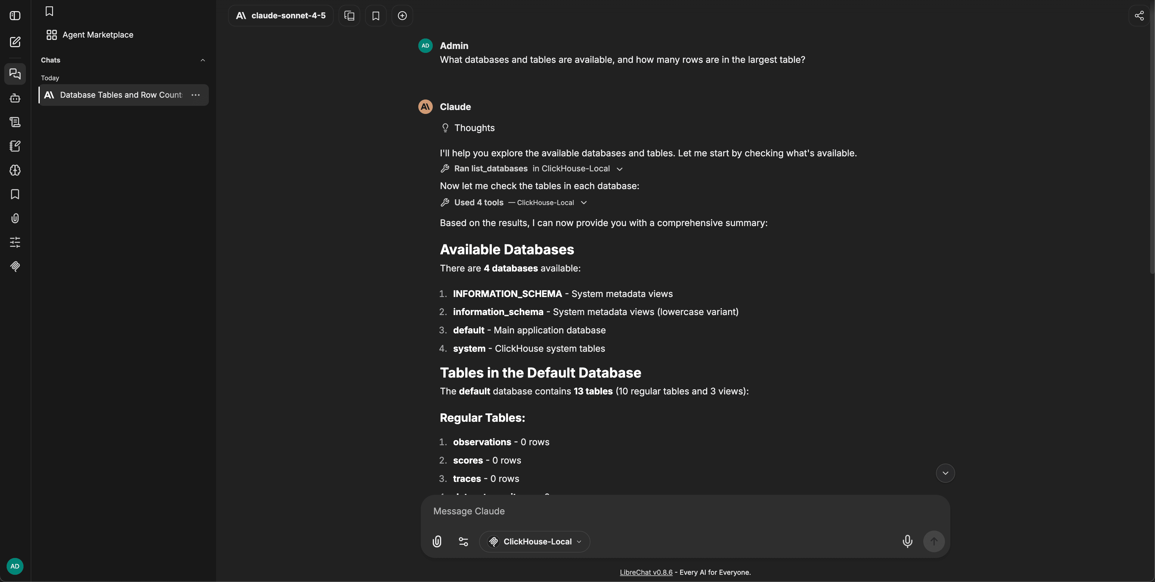 LibreChat 通过调用 ClickHouse-Local MCP 工具回答示例问题，并列出可用的数据库和表