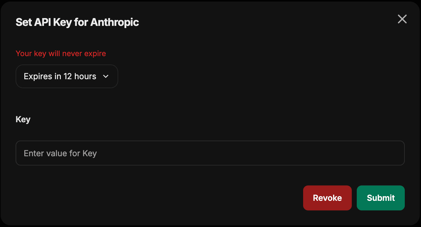 用于 Anthropic 的 Set API Key 对话框，其中包含过期时间下拉菜单、Key 字段，以及 Submit 和 Revoke 按钮
