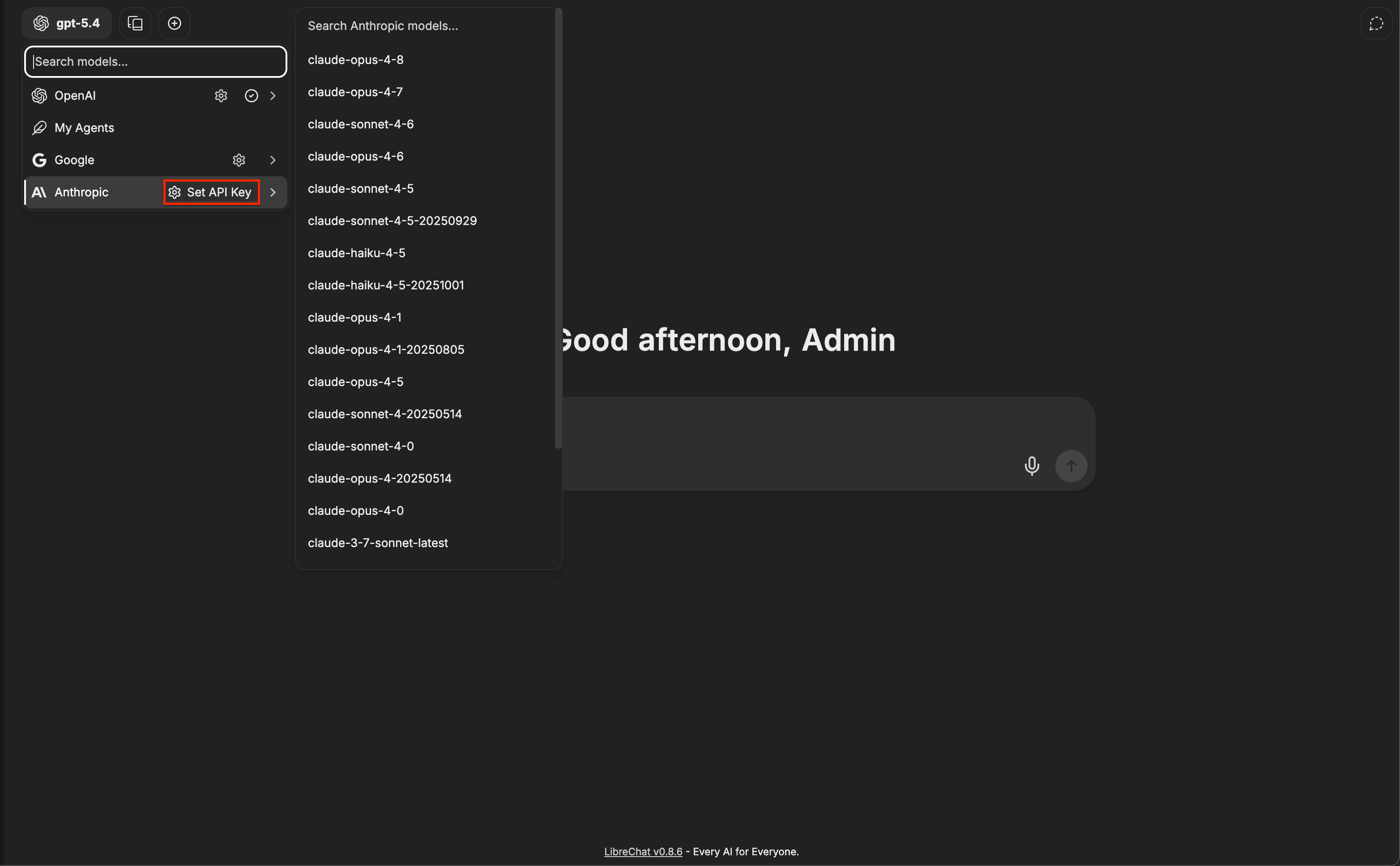 LibreChat 模型选择器，其中 Anthropic 提供商旁边显示 Set API Key 按钮