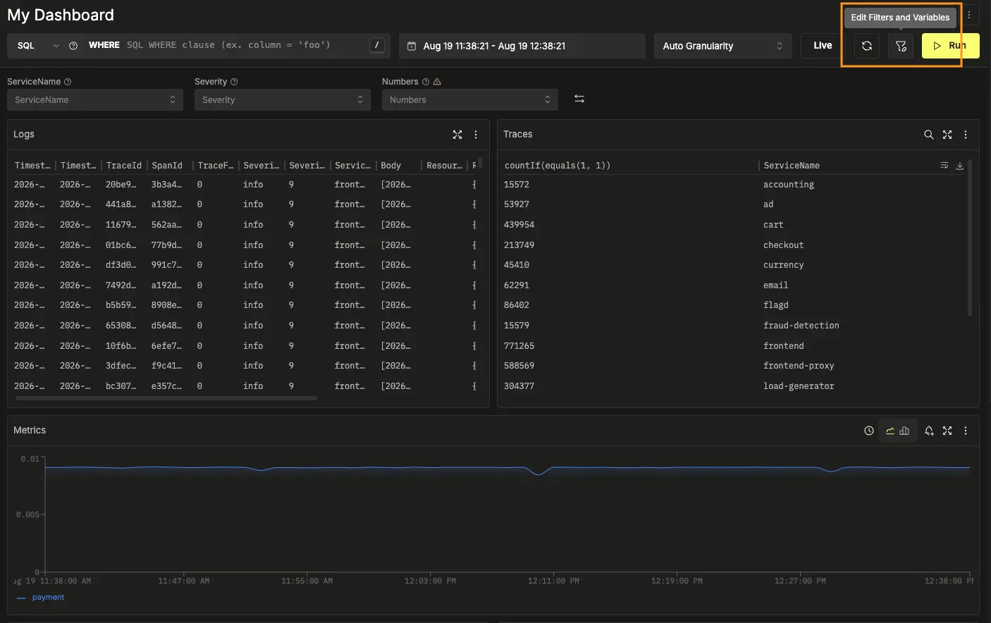 Botão Editar filtros na barra de ferramentas do dashboard