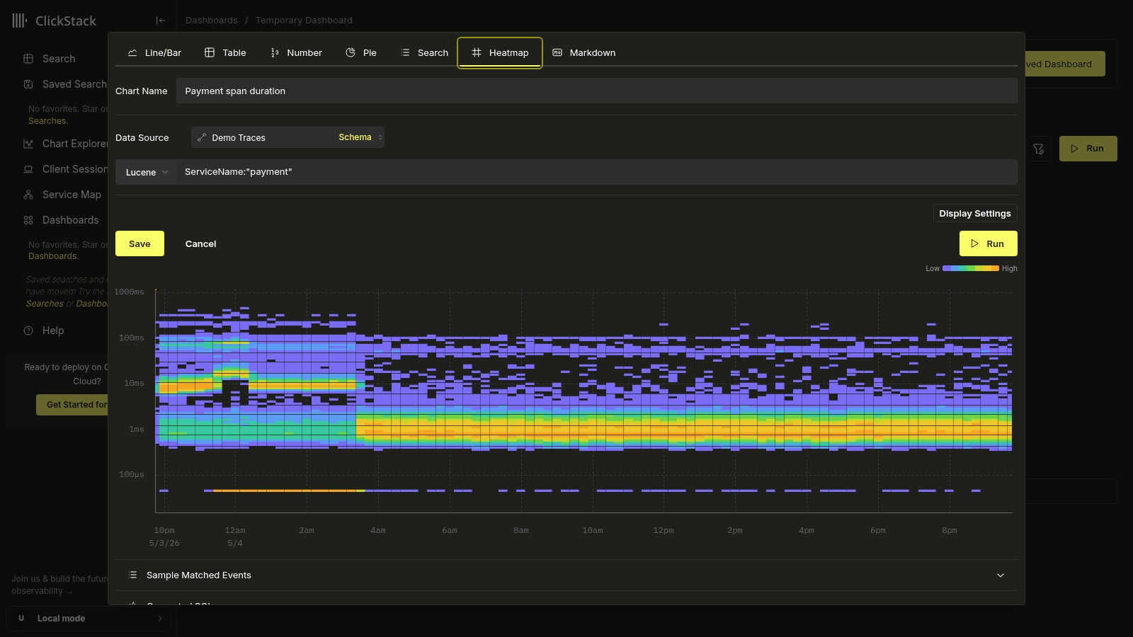Editor de tile de mapa de calor com padrões de duração de span pré-preenchidos, filtro ServiceName payment e botão Display Settings