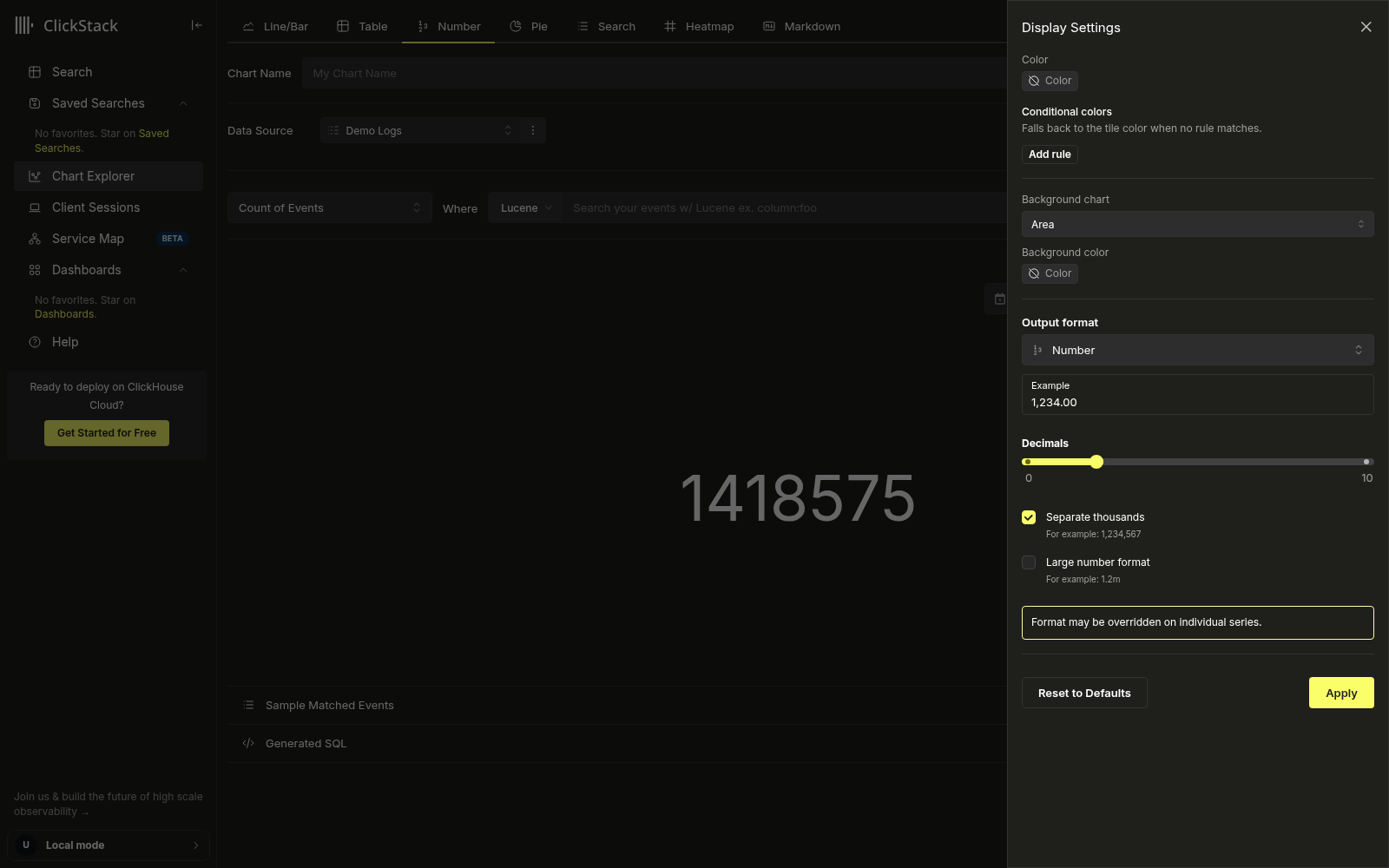 Painel Configurações de exibição de um bloco numérico, com Gráfico de fundo definido como Área