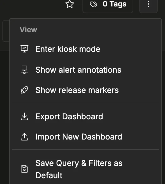 Menu de opções do dashboard com o item Mostrar marcadores de lançamento na seção Visualização, abaixo de Mostrar anotações de alertas