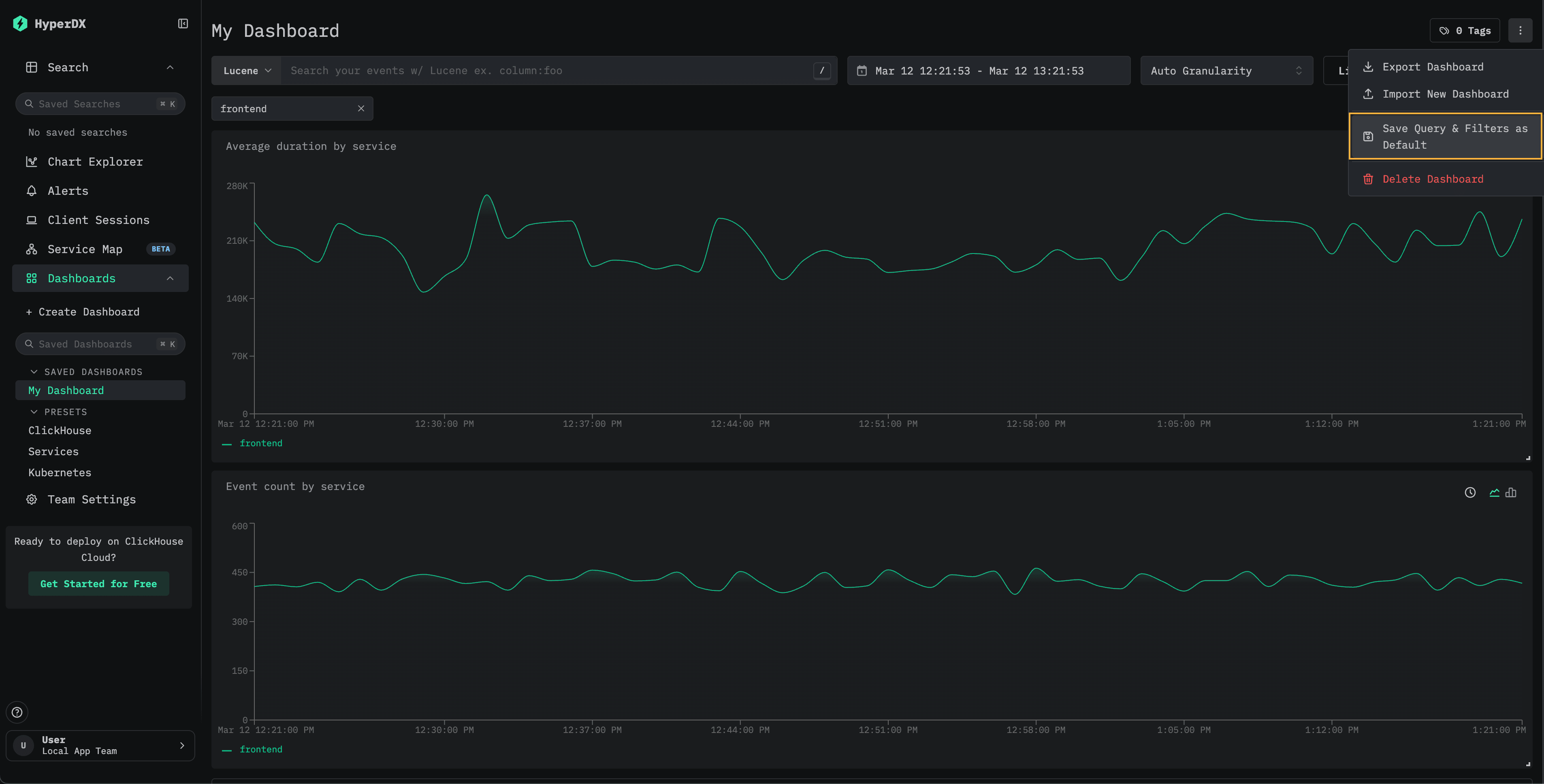 Menu do dashboard mostrando a opção Salvar consulta e filtros como padrão