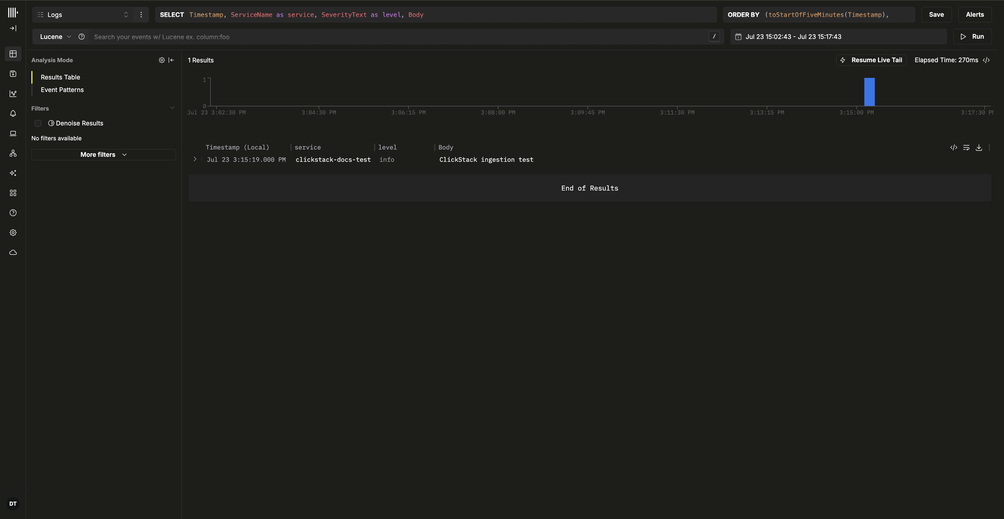 Vue des logs ClickStack affichant l’événement de test d’ingestion ClickStack