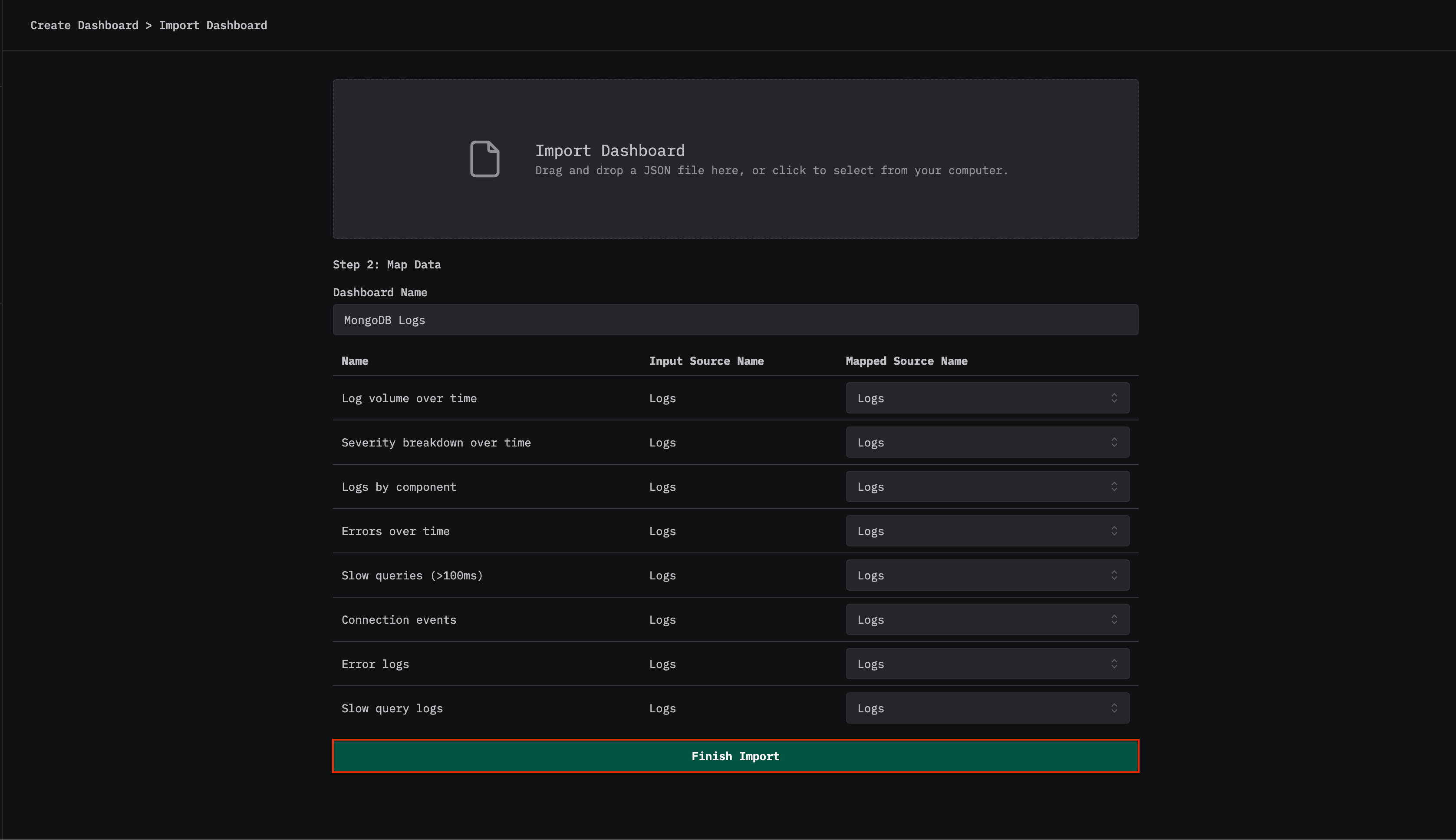 إنهاء استيراد لوحة معلومات سجلات MongoDB