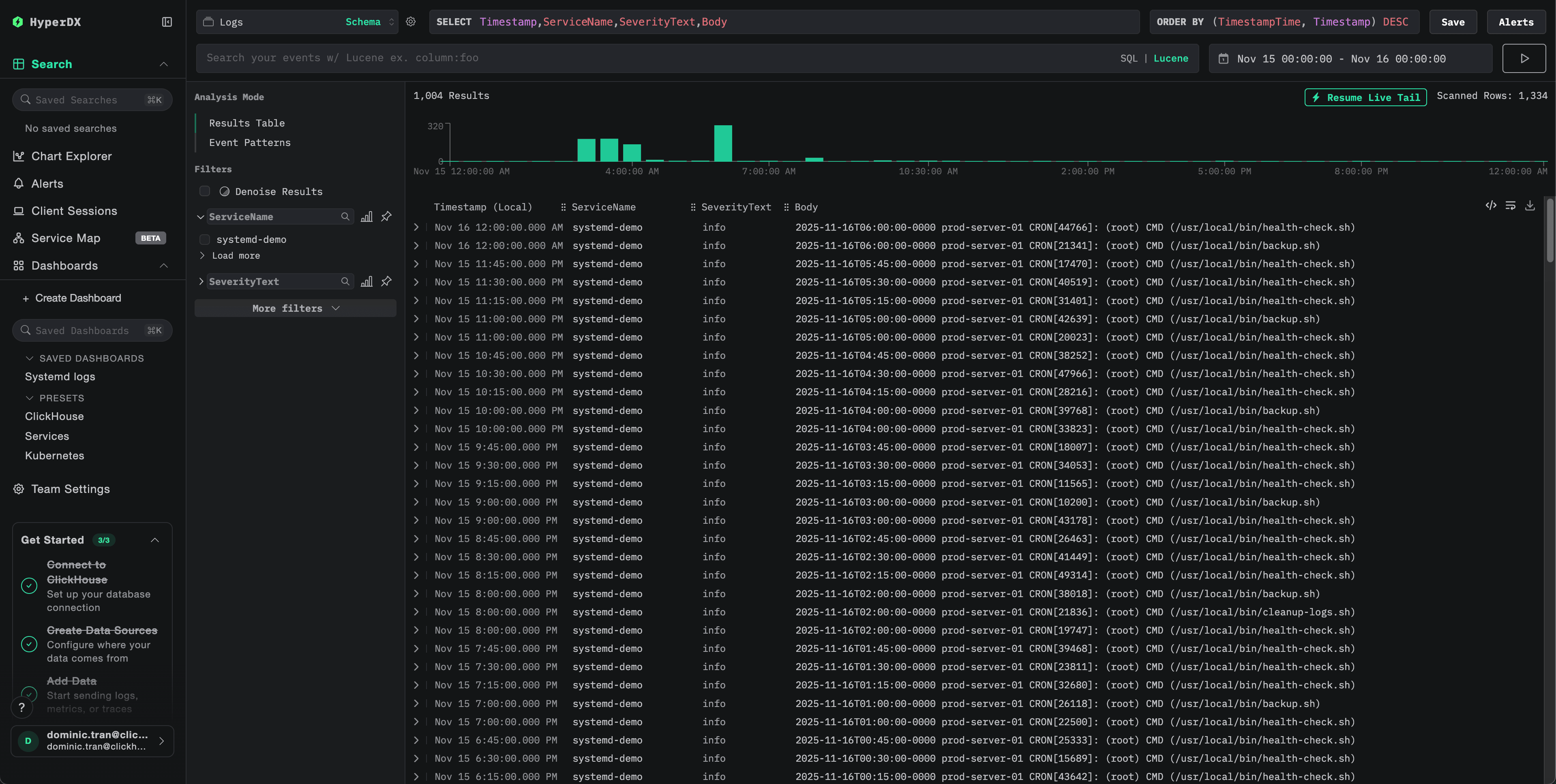 Vue de recherche des logs