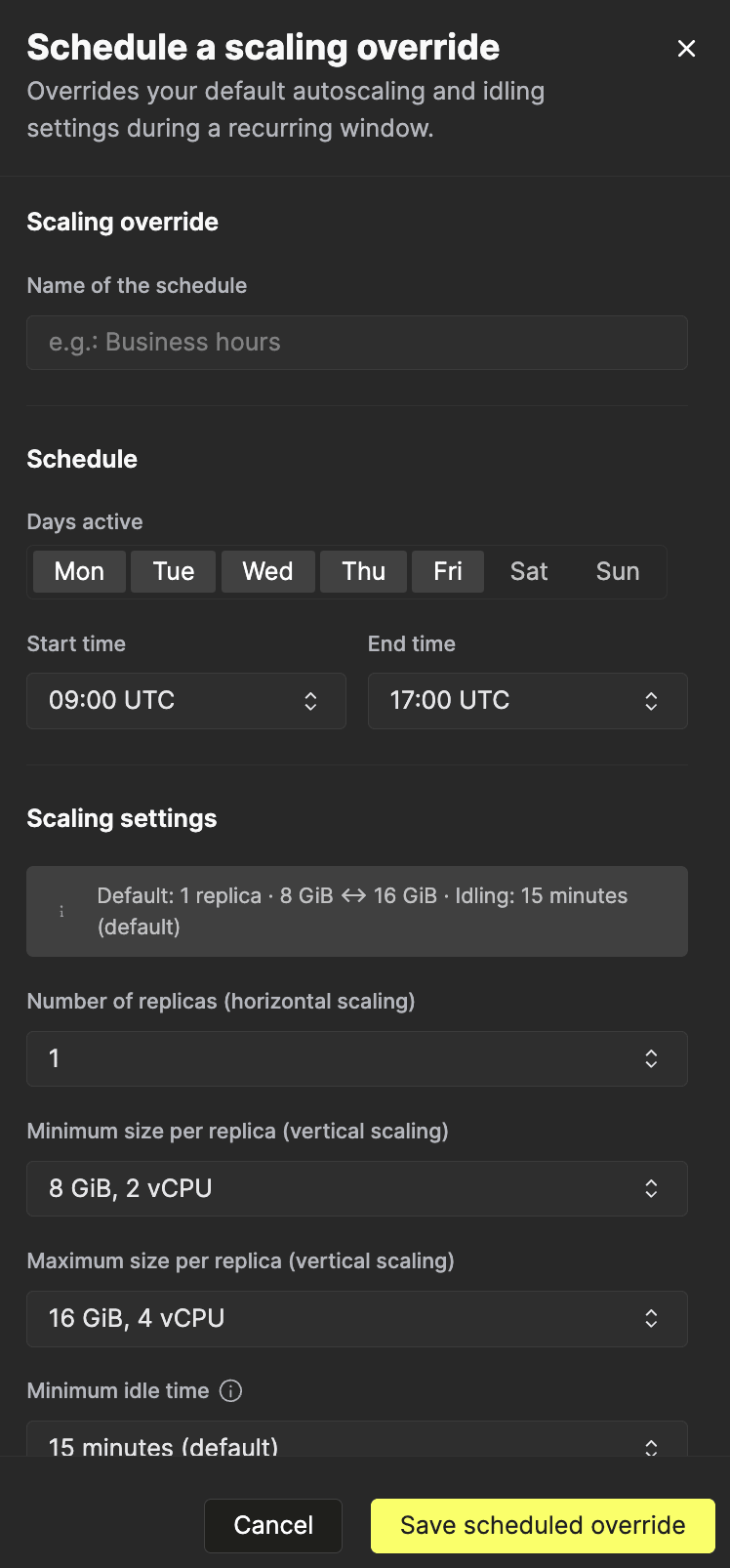 Interface des planifications de mise à l’échelle dans la console ClickHouse Cloud, avec des règles de mise à l’échelle définies selon l’heure
