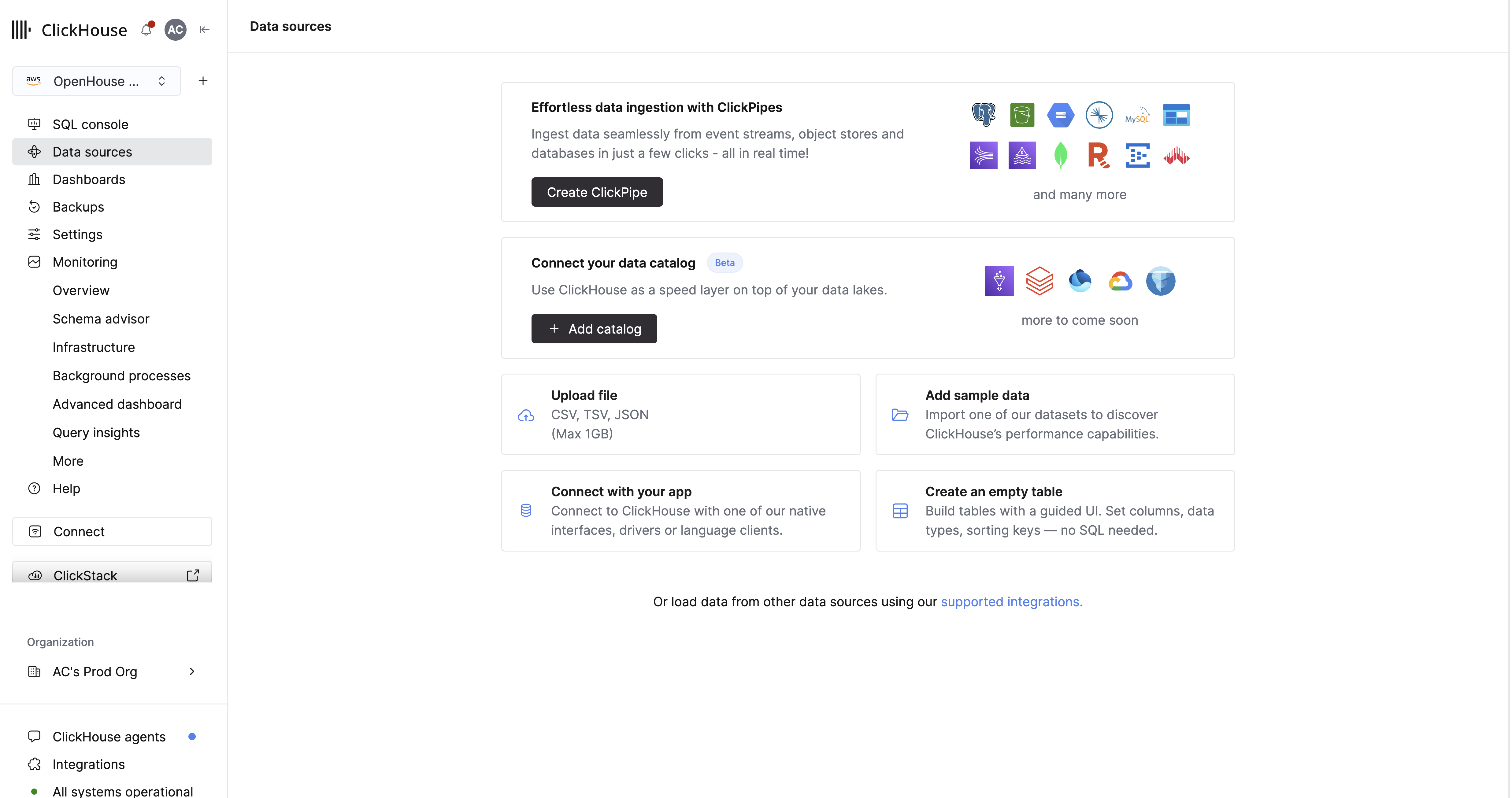 显示数据目录集成的 ClickHouse Cloud UI