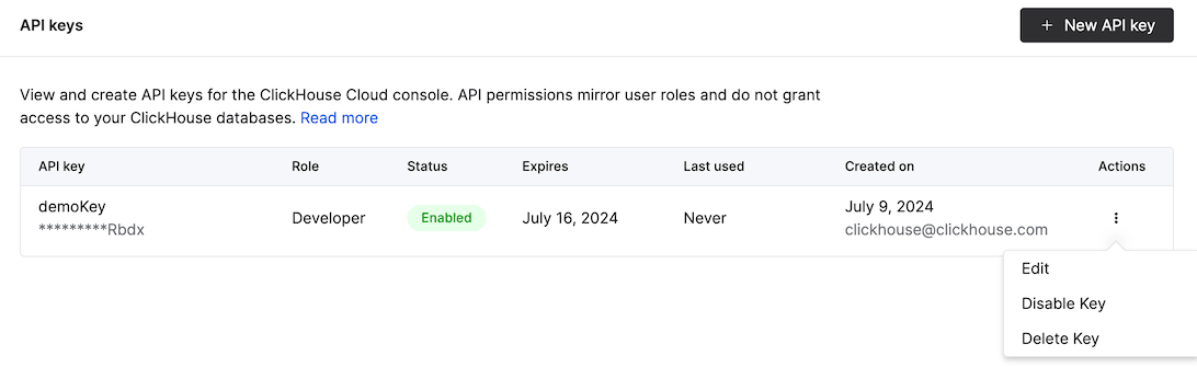 Página de gerenciamento de API Keys