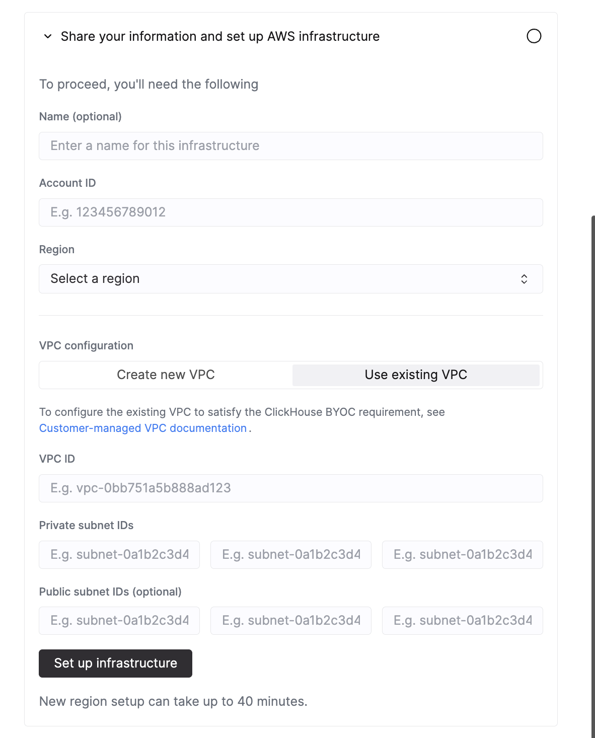 已选择 Use existing VPC 的 ClickHouse Cloud BYOC 设置界面