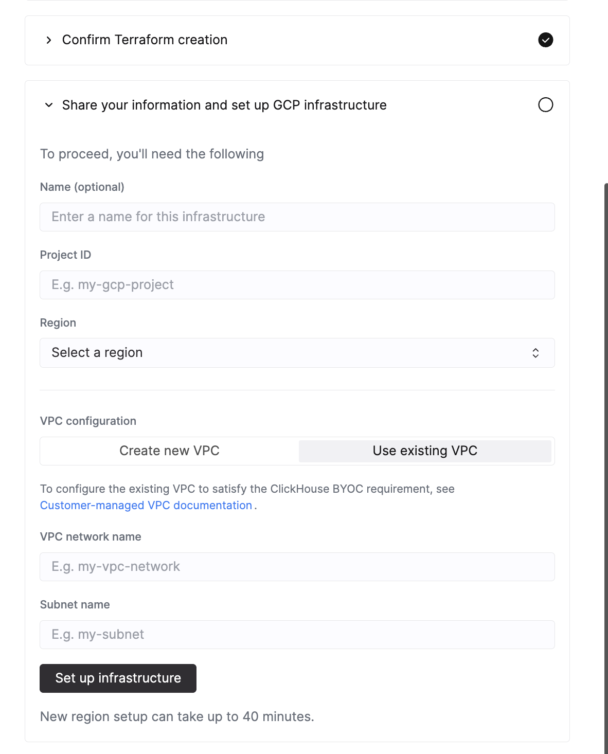 GCP용으로 Use existing VPC가 선택된 ClickHouse Cloud BYOC 설정 UI