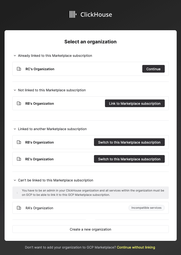 Create or select an organization to bill to this subscription