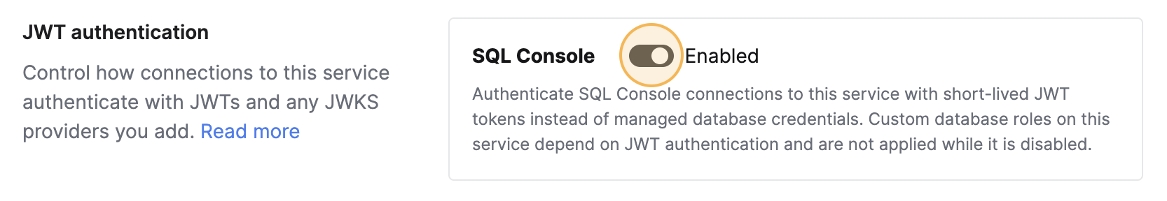 SQL 콘솔 토글이 활성화된 JWT 인증 카드