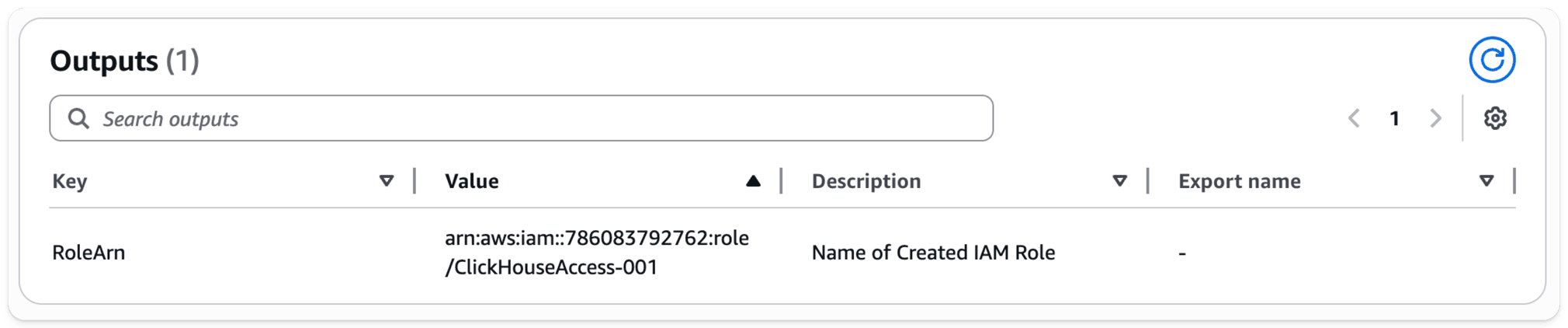 显示 IAM Role ARN 的 CloudFormation stack 输出
