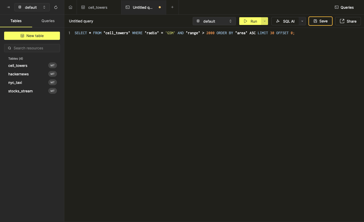 필터와 정렬에서 SQL을 생성하는 Create Query 버튼이 표시된 인터페이스
