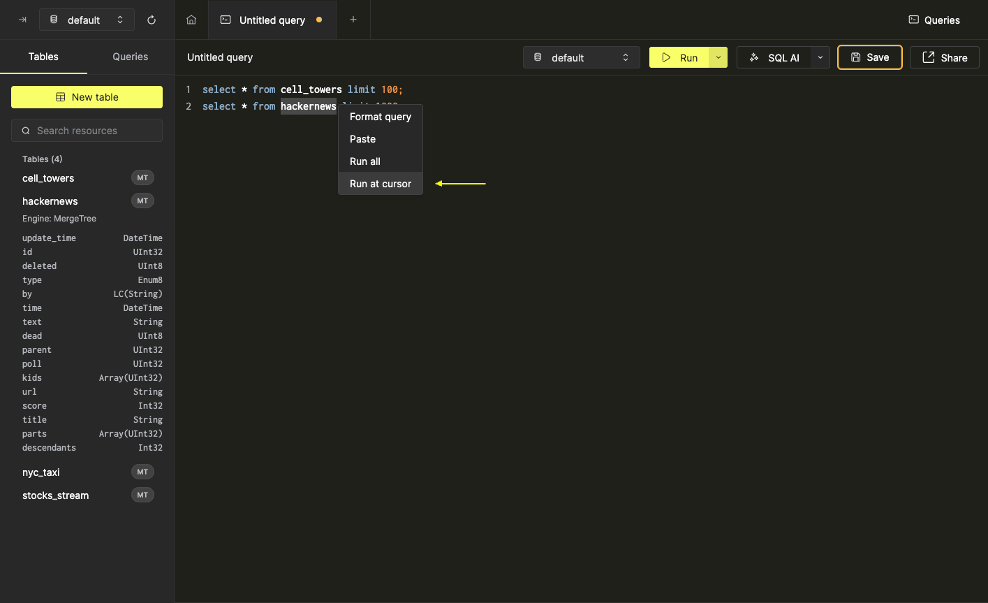 SQL Editor 컨텍스트 메뉴의 Run at cursor 옵션