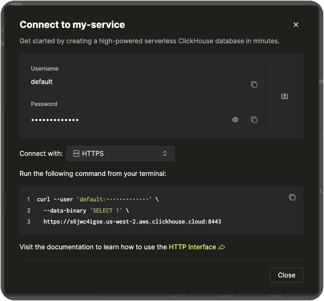 زر Connect في ClickHouse Cloud console (الوضع الداكن)