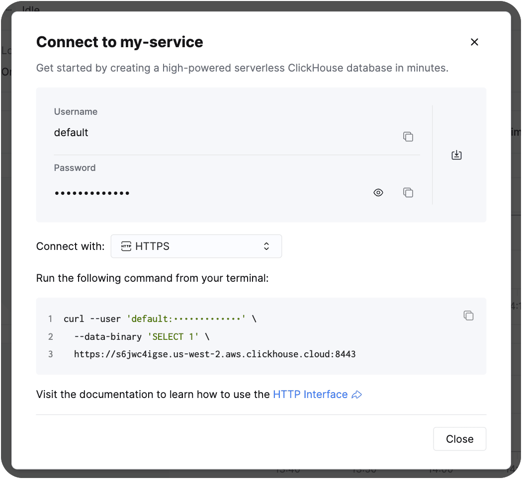 زر Connect في ClickHouse Cloud console (الوضع الفاتح)