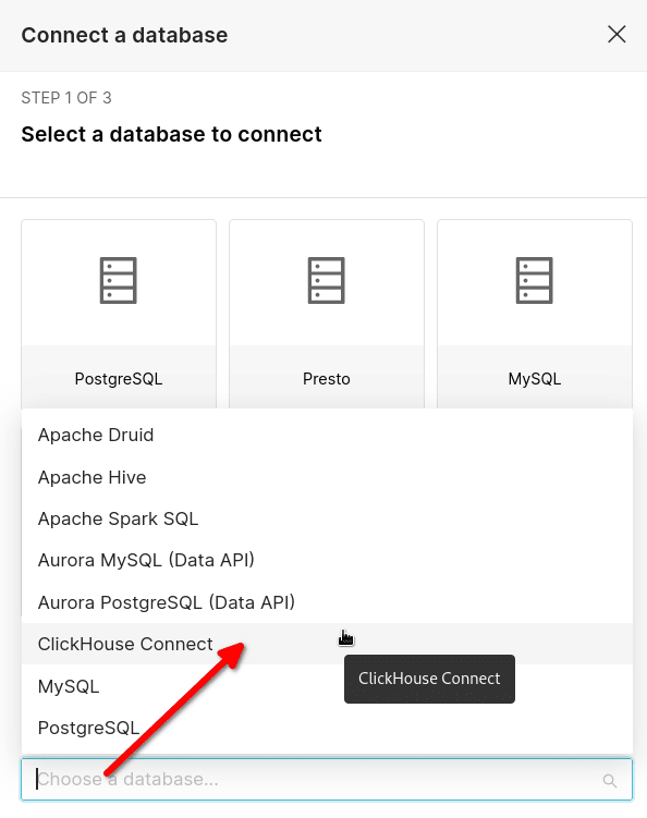 اختيار ClickHouse Connect كنوع قاعدة البيانات