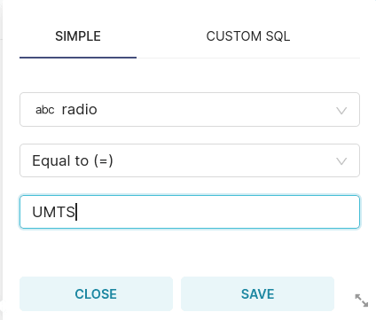 التصفية بحيث تكون قيمة radio مساوية لـ UMTS