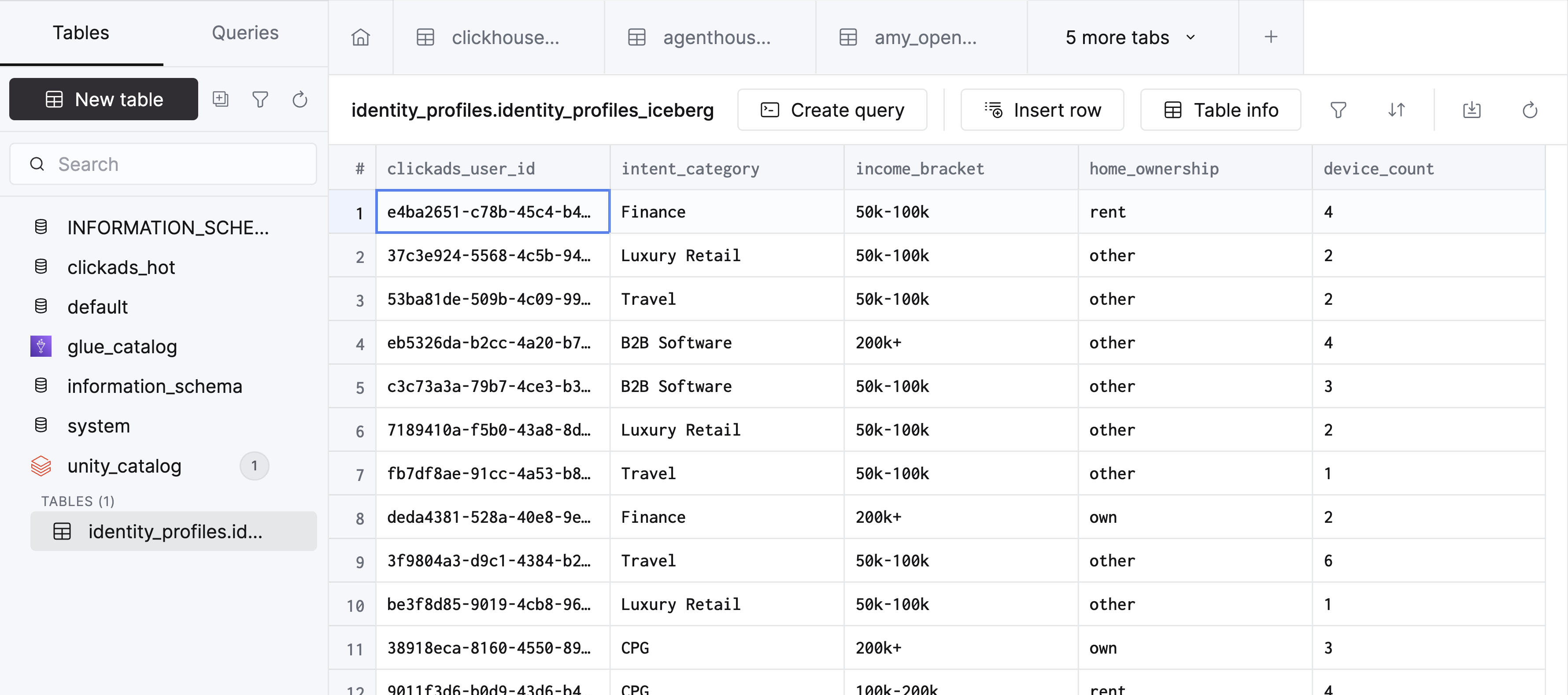 显示目录表的 SQL 控制台表浏览器
