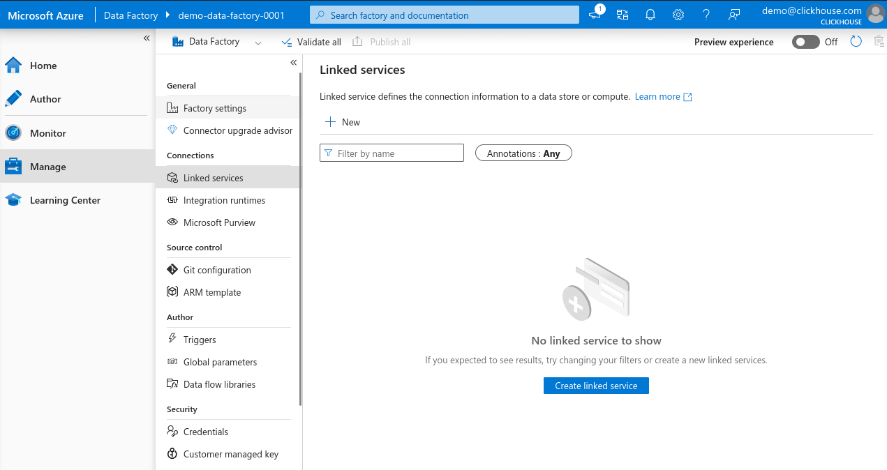 Botão Novo Linked Service do Azure Data Factory