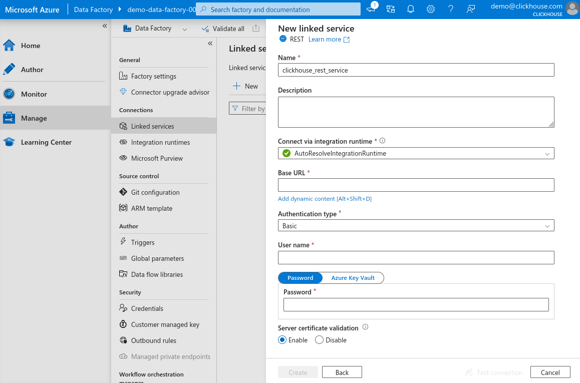 Painel do novo linked service