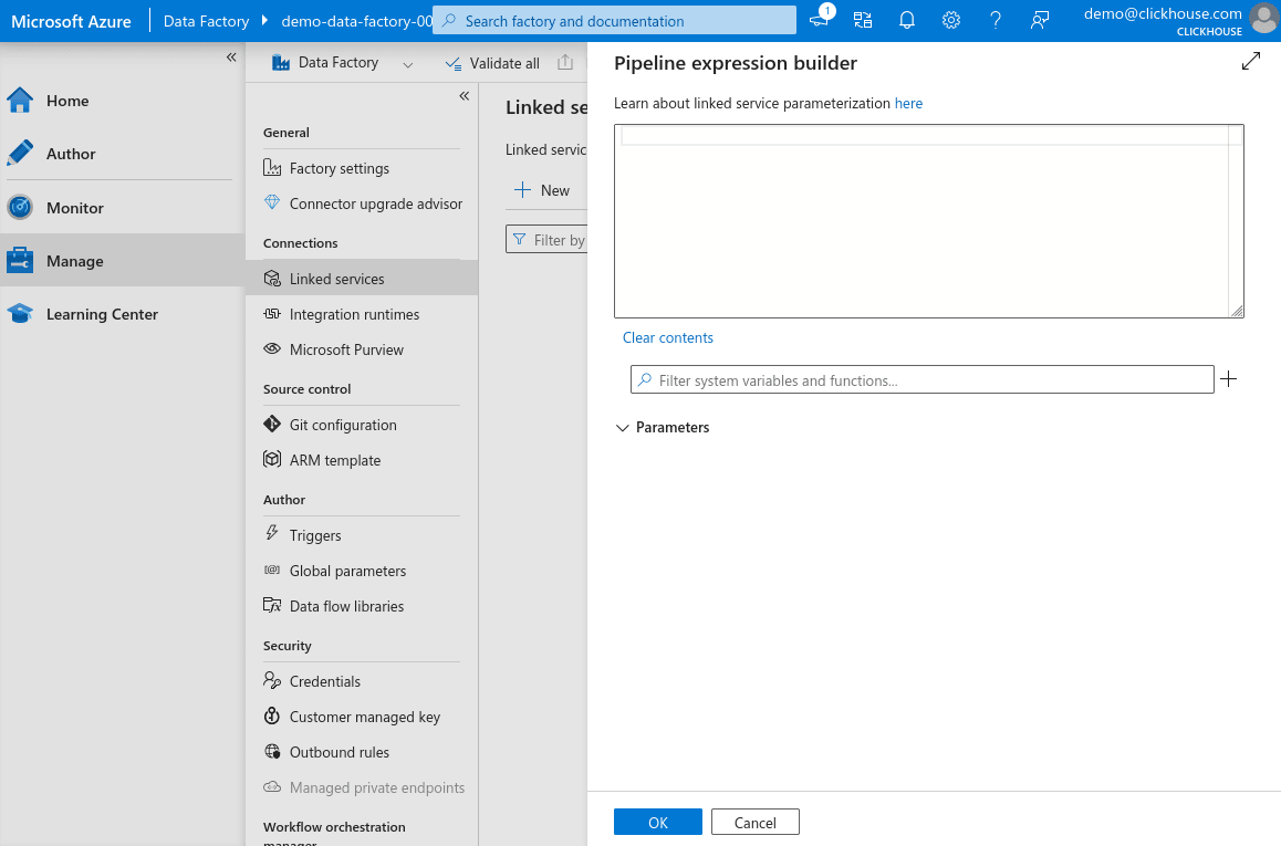 URL base do novo linked service vazia