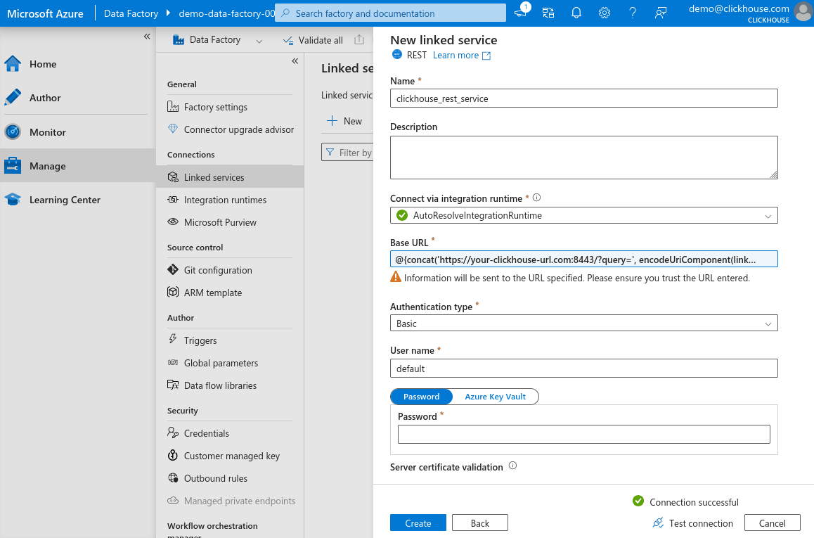 Verificar conexão do novo linked service
