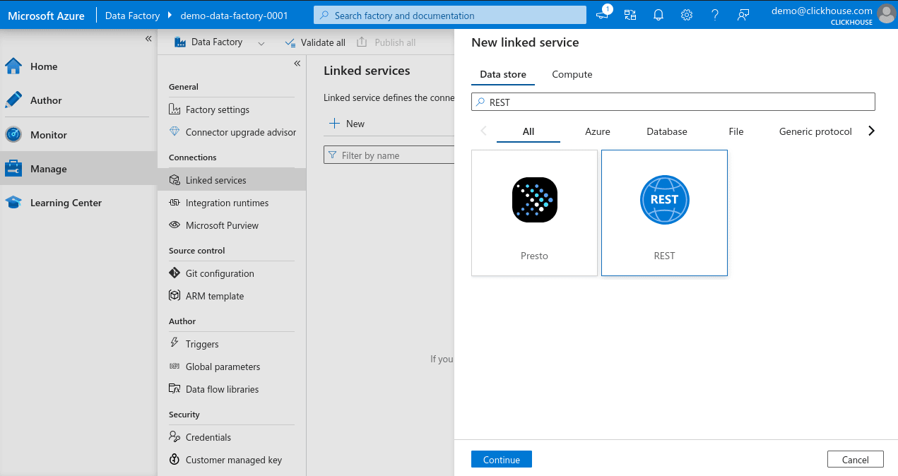 Busca de novo linked service do Azure Data Factory