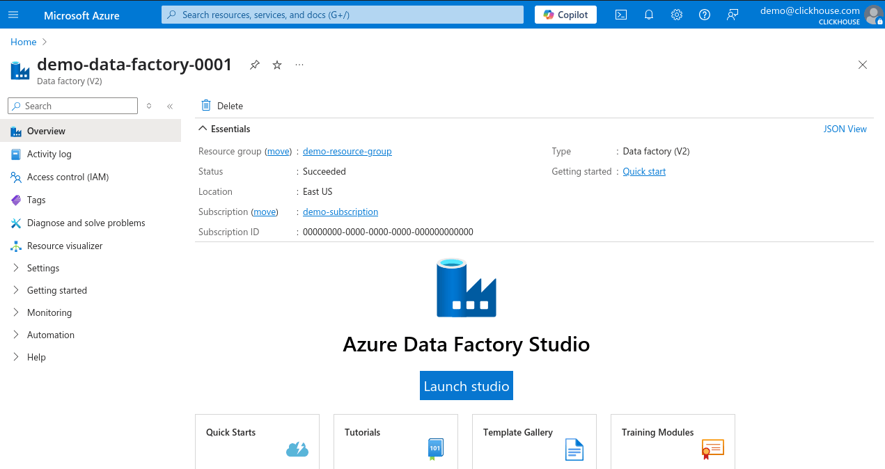 Página do Azure Portal Data Factory