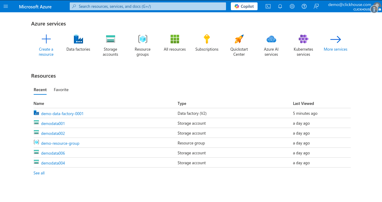 Página inicial do Azure Portal com Data Factory