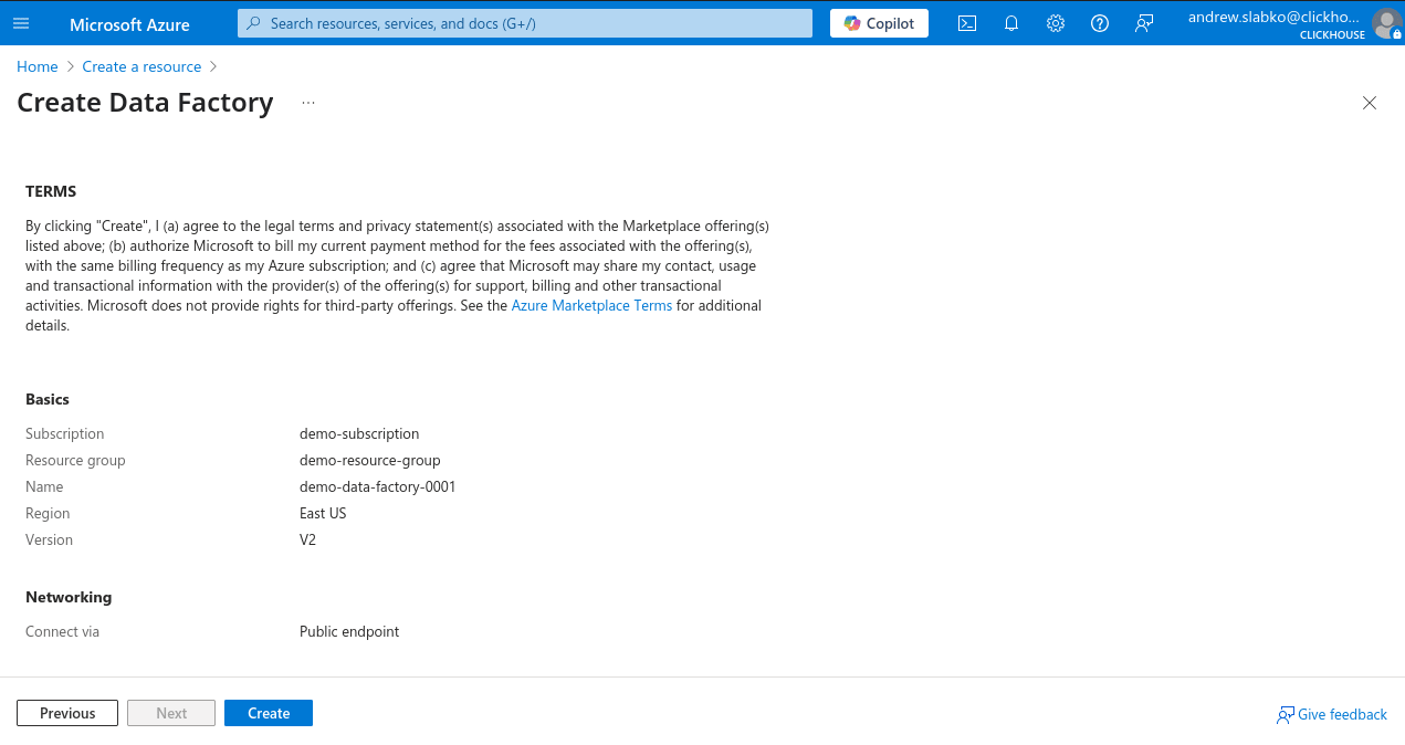 Confirmar novo Data Factory no Azure Portal