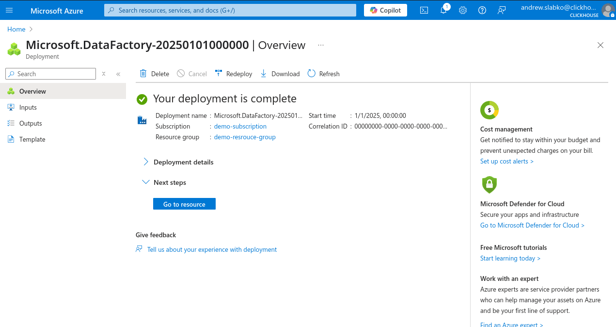 Novo Data Factory criado com sucesso no Azure Portal