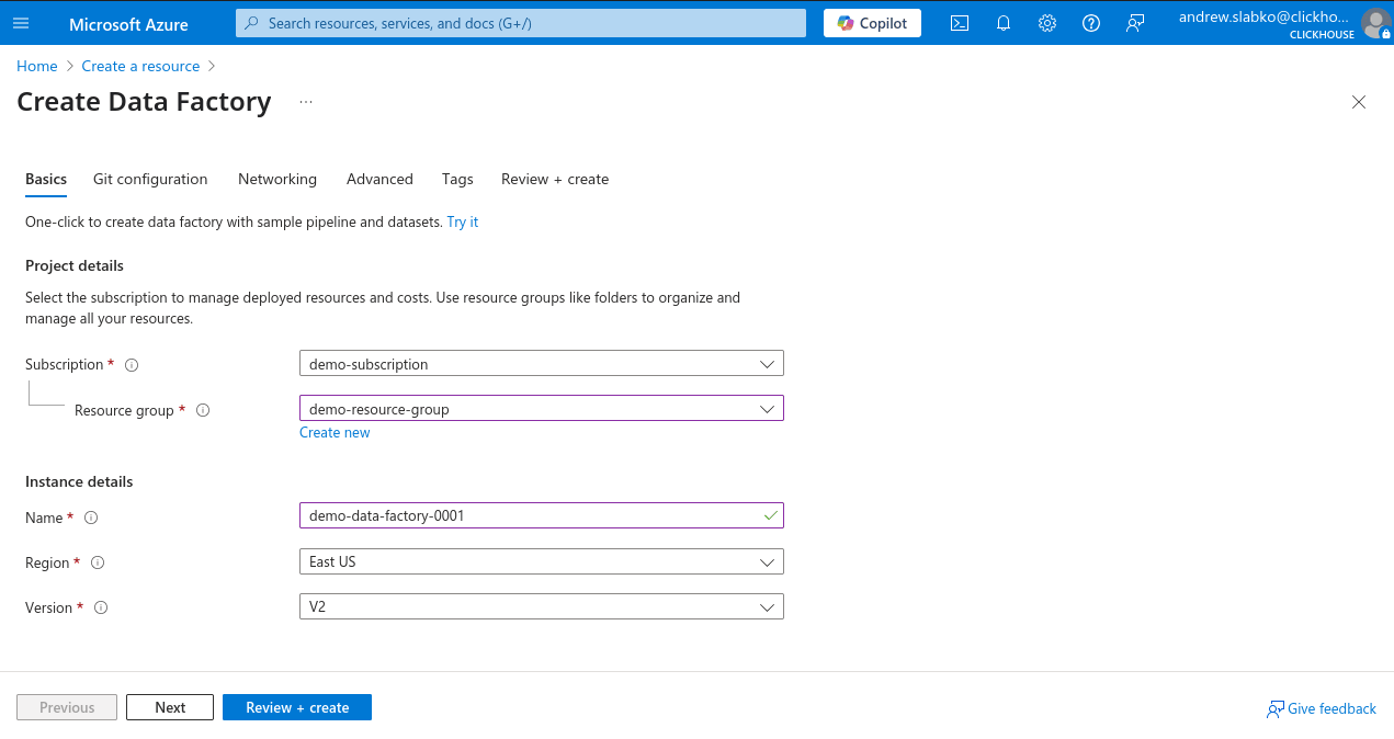 Novo Data Factory no Azure Portal