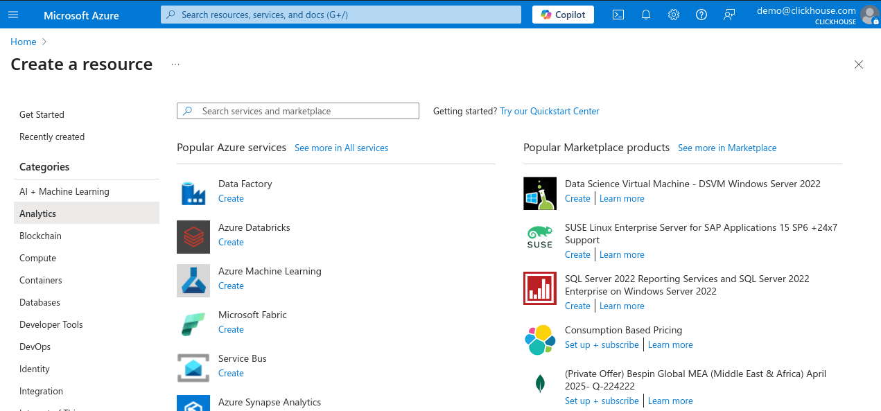 Novo recurso no Azure Portal