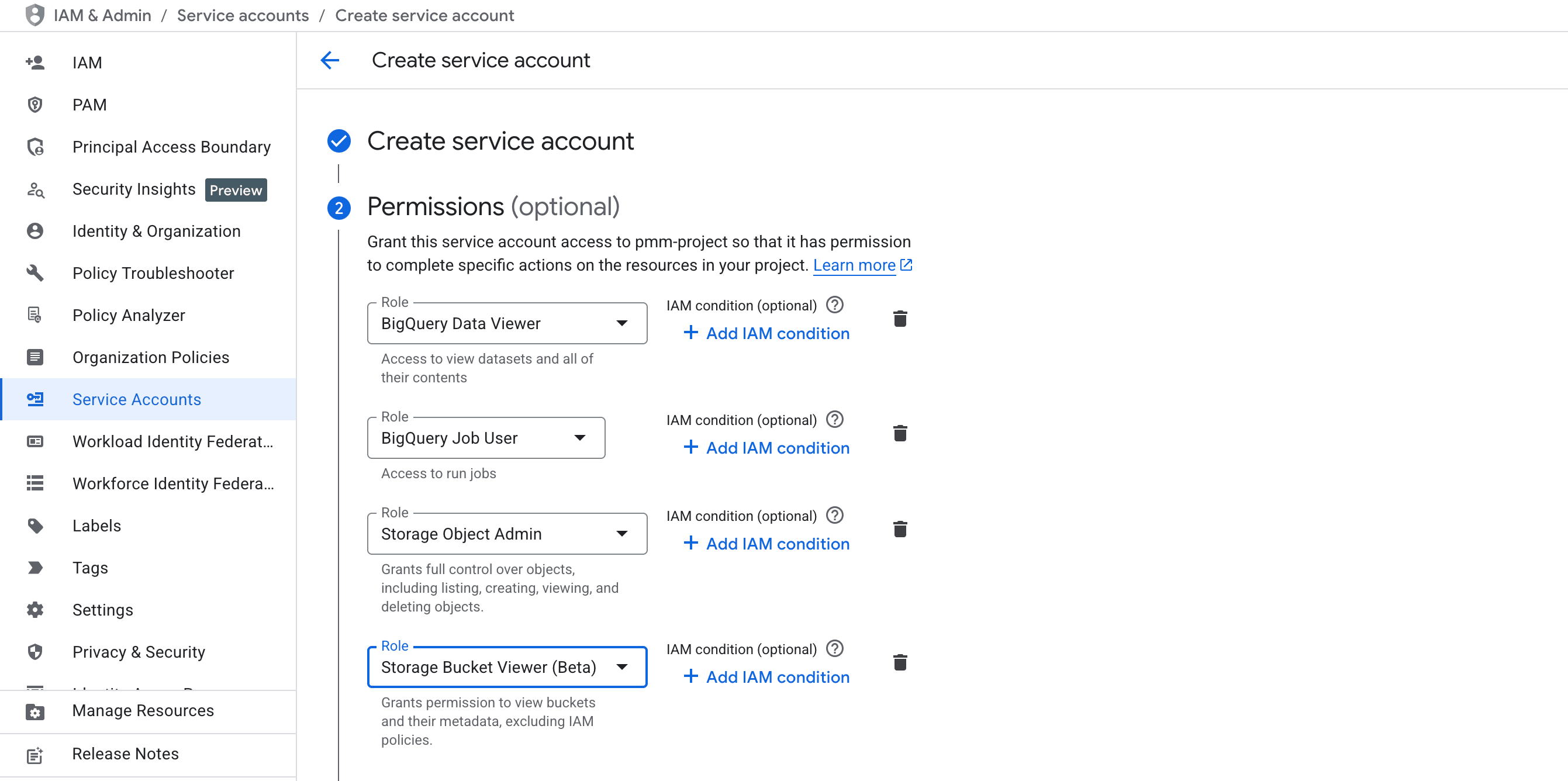 BigQuery 및 Cloud Storage 권한이 있는 서비스 계정 키 생성