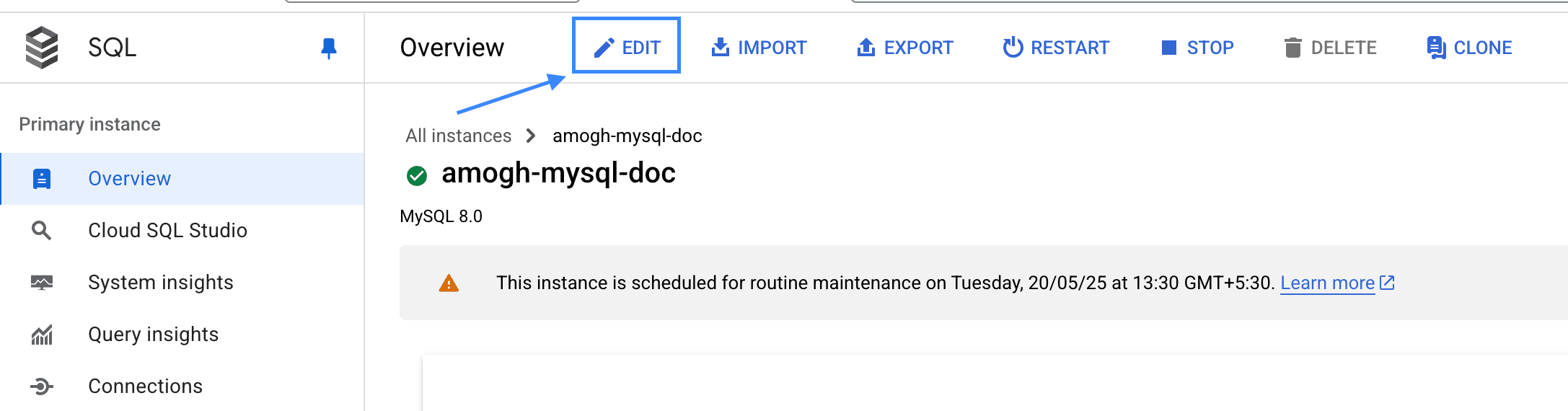 Edit button in GCP MySQL