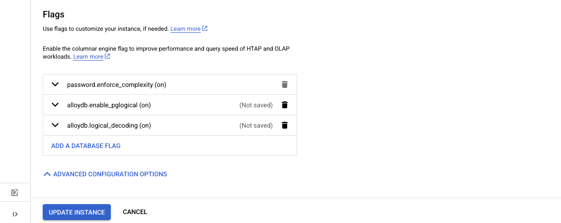 Установка флагов allowdb.enable_pglogical и alloydb.logical_decoding в значение on