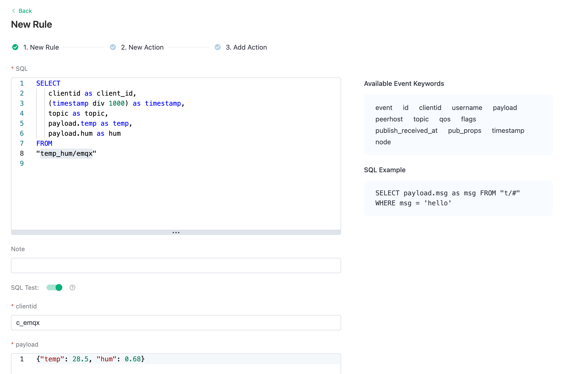 EMQX Cloud Data Integration Rule Creation Step 1 showing SQL query