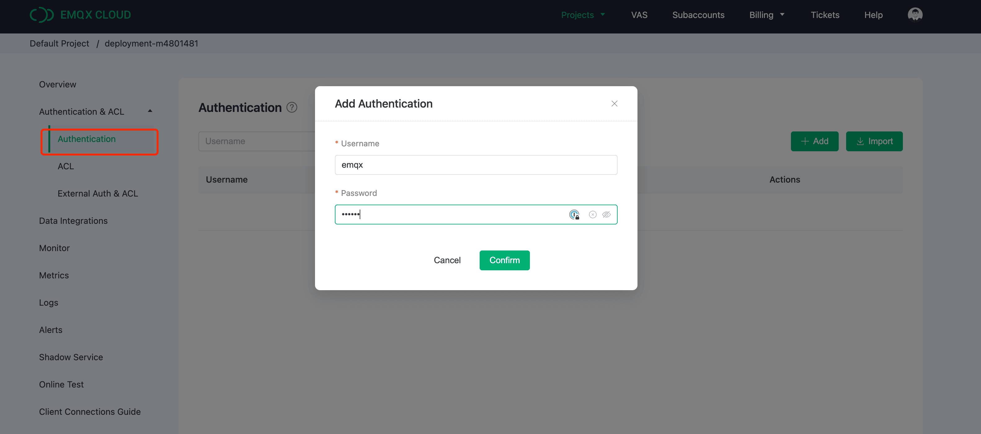 EMQX Cloud Authentication Setup interface for adding credentials
