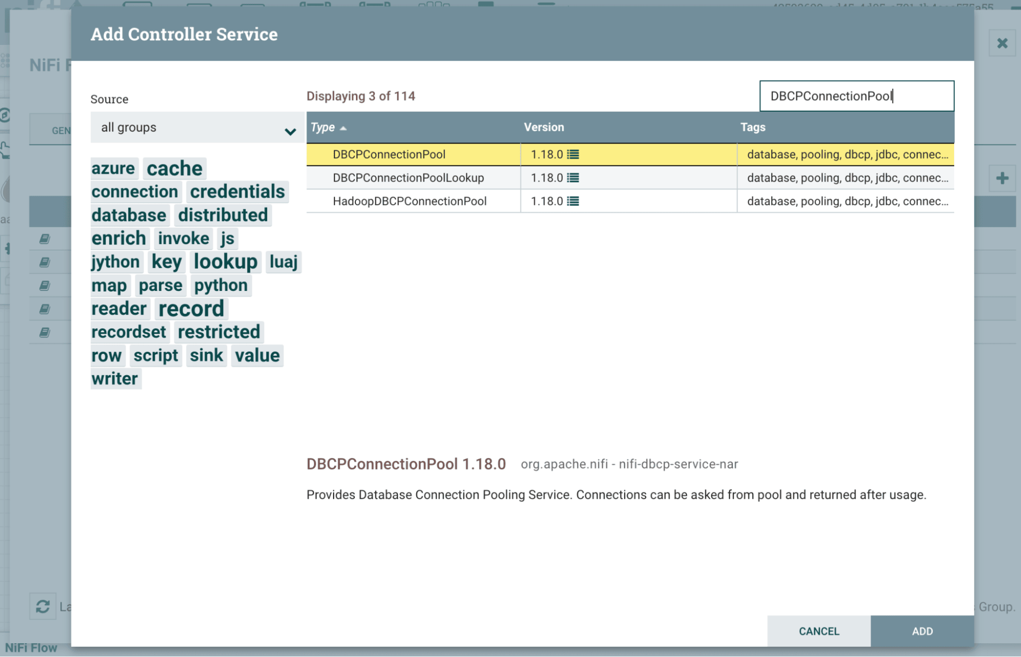 Controller Service selection dialog with DBCPConnectionPool highlighted