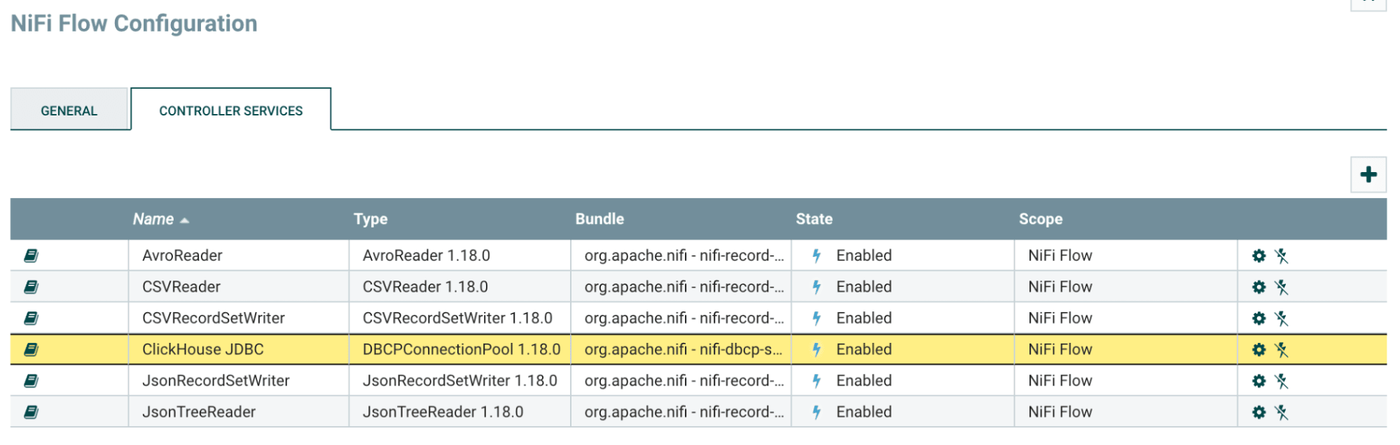 Controller Services list showing enabled ClickHouse JDBC service