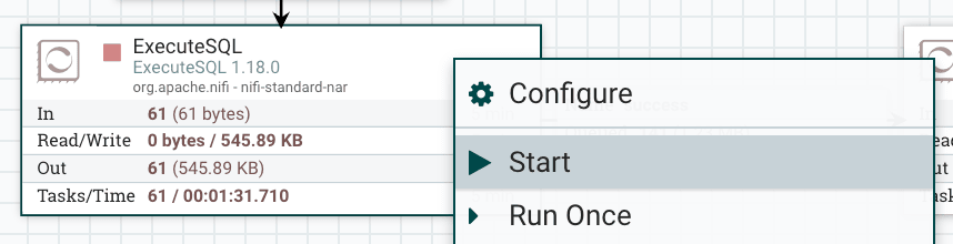 ExecuteSQL processor configuration with properties filled in