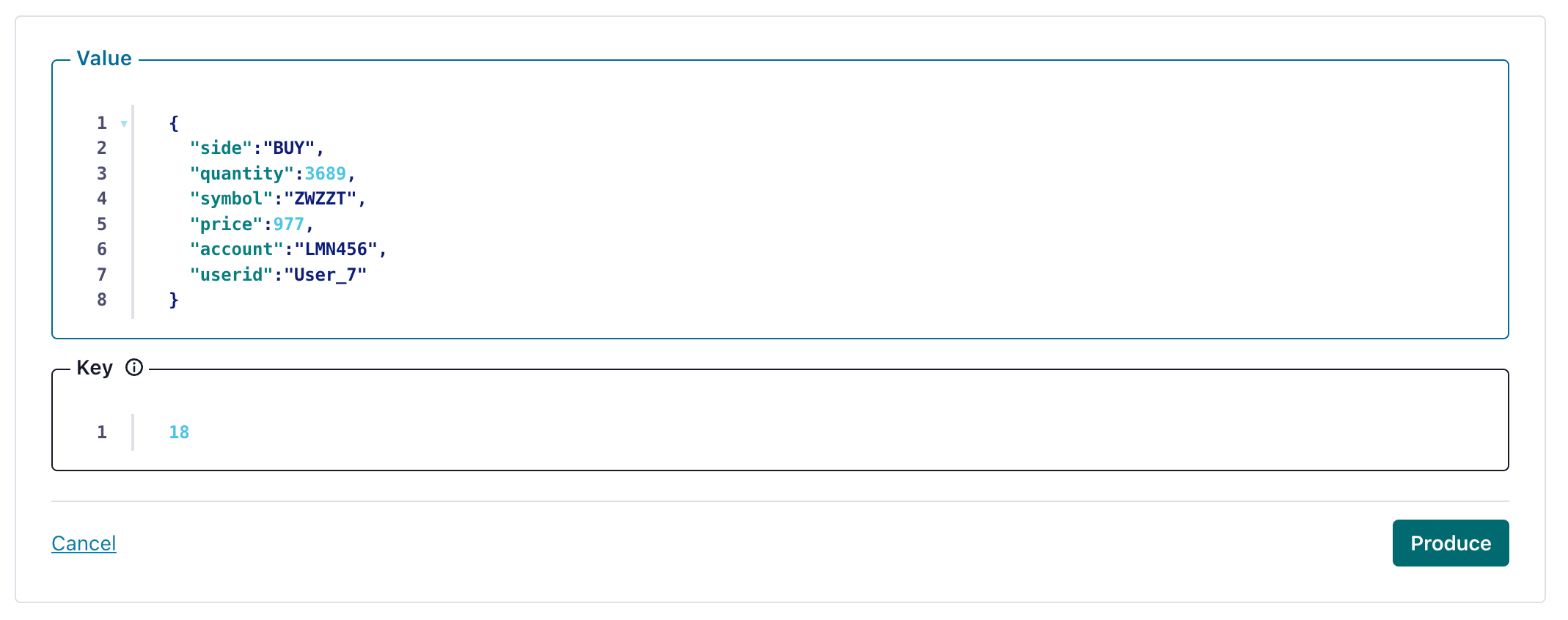 Confluent Cloud interface showing how to create a test message in a Kafka topic