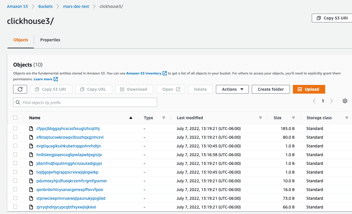 Vue du bucket S3 dans la console AWS montrant les fichiers de données ClickHouse stockés dans S3